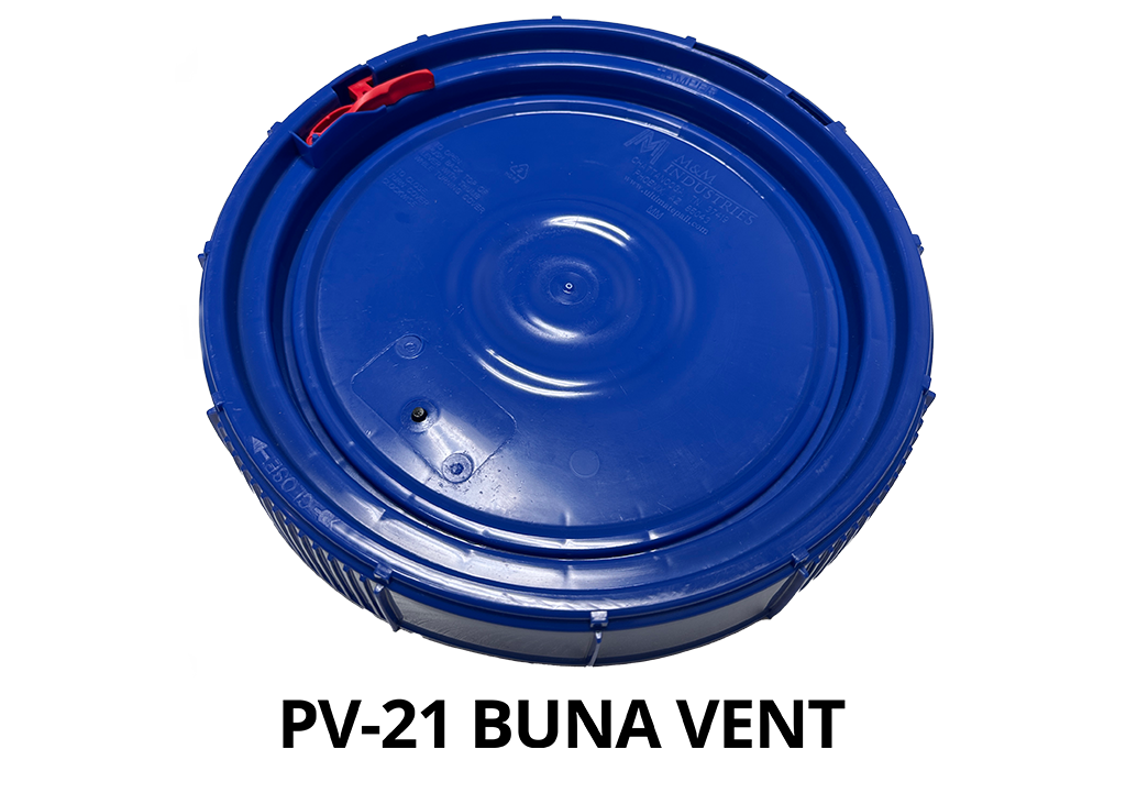 Blue PV-21 Buna Vent plastic bucket lid with red tab