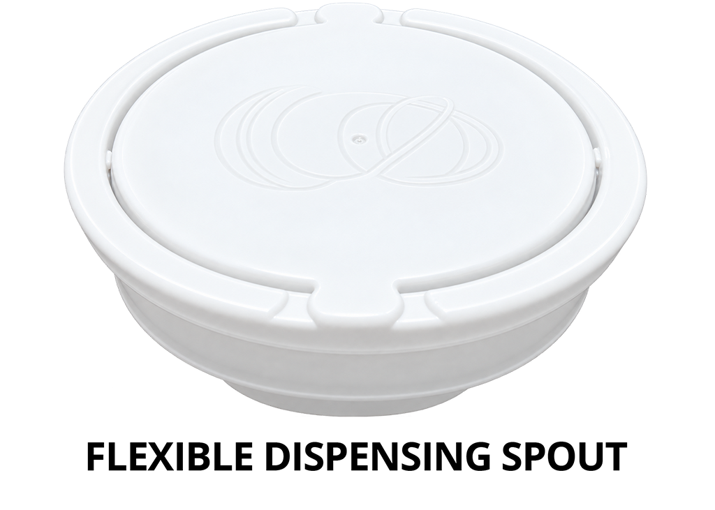 White plastic flexible dispensing spout with lid