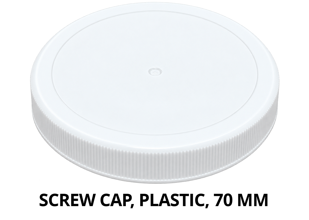 White 70mm plastic screw cap lid on white background