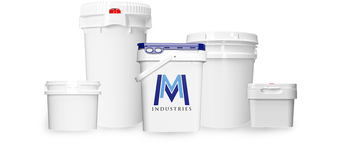 Commercial plastic pails in a group