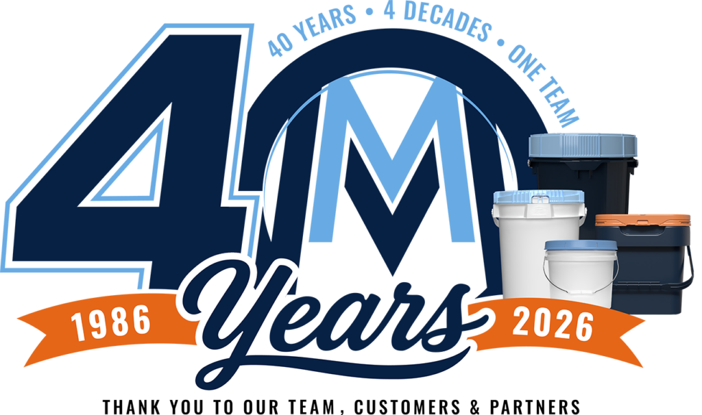 Company M 40th anniversary logo with buckets 1986-2026